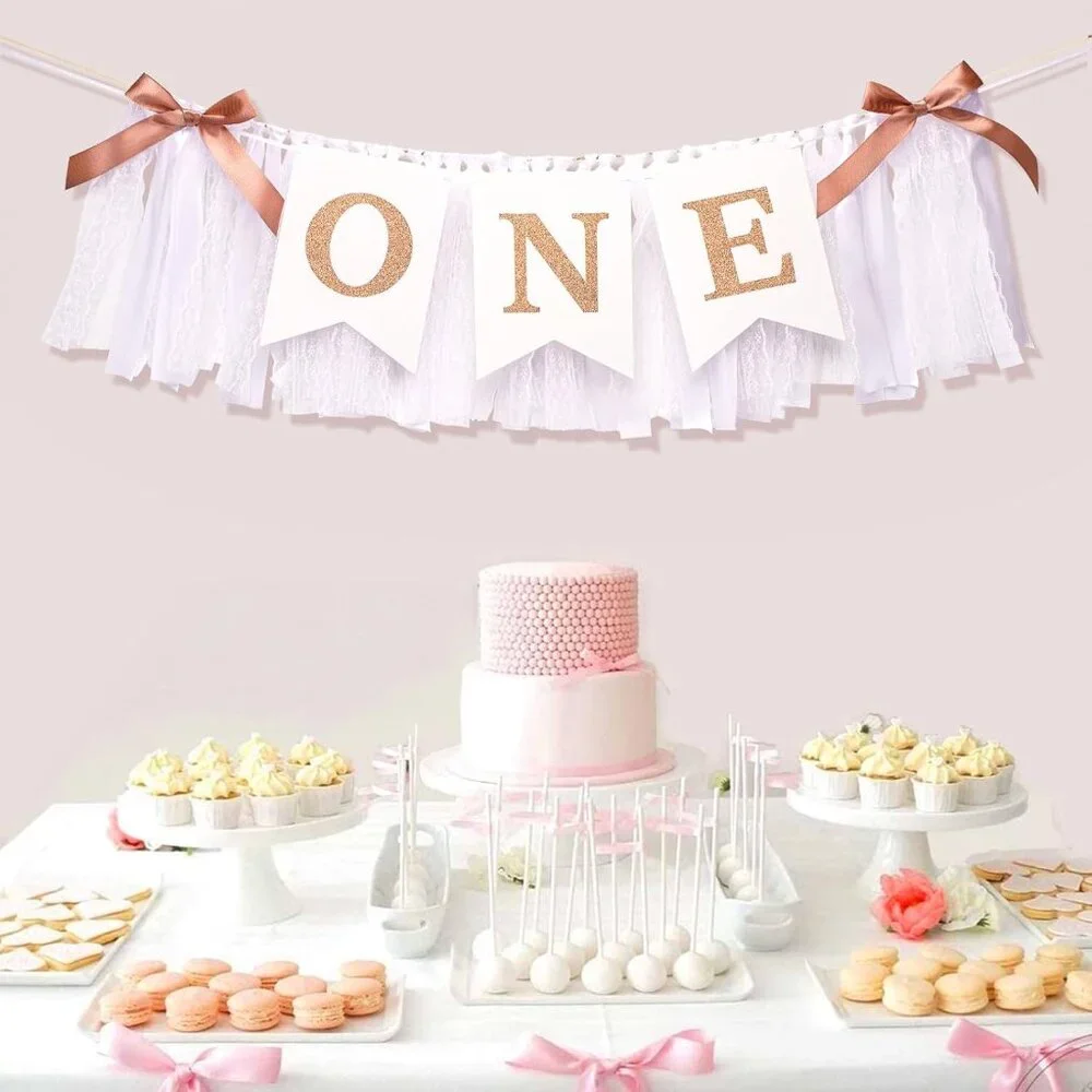 1st Highchair Banner,Rose Gold,Blush&White First Birthday Highchair Banner,One Y